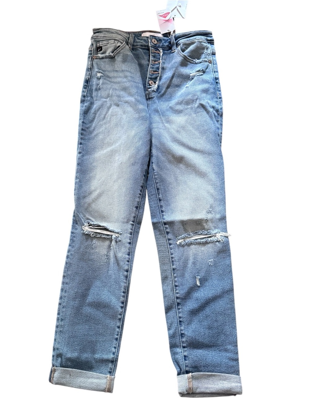 Kancan high rise button front light wash distressed boyfriend jeans sz 7/27 NWT